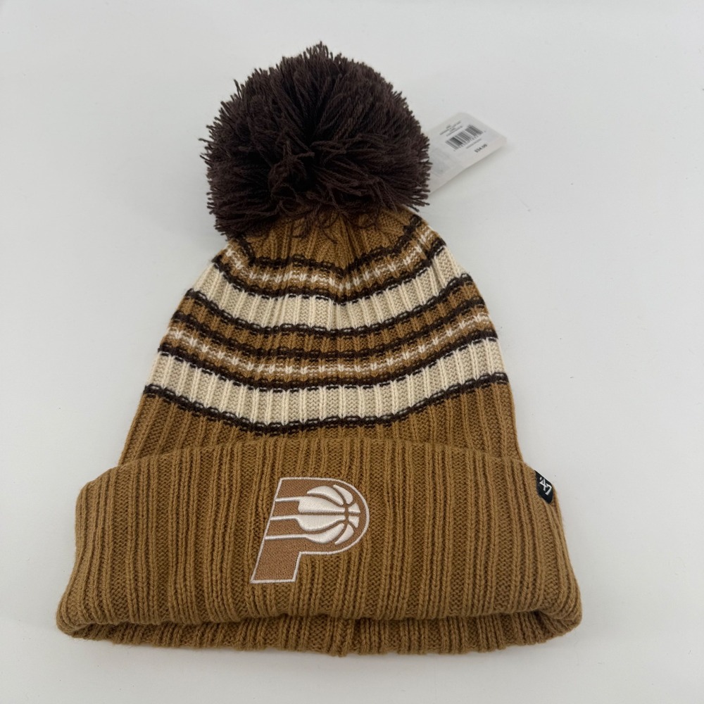 47 Brand Indiana Pacers Womens Espresso Cuff Knit Beanie Hat Camel Brown Pom NBA